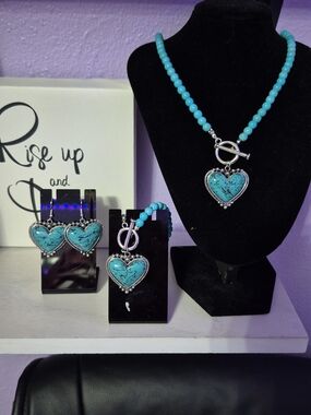 Turquoise Heart Bead Necklace and Bracelet Set - Women Jewelry